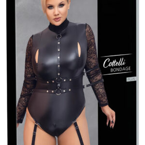 Cottelli Bondage Plus Size - krajkový body s rukávy (černý) - 3XL