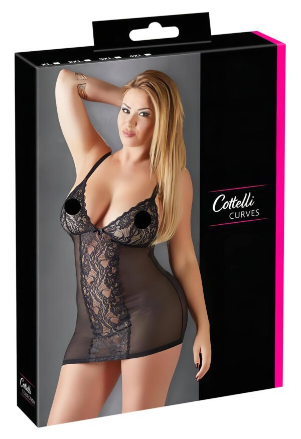 Cottelli Plus Size - krajková průhledná noční košilka (černá) - 3XL