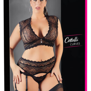 Cottelli Plus Size - krajková souprava s kamínky (černá)