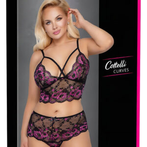 Cottelli Plus Size - květovaný set podprsenky (černý-fialový)