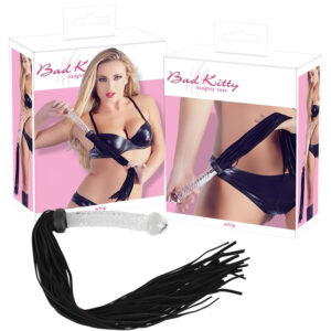 Bad Kitty - bič z kůže s dildem ze skla - průhledný/černý