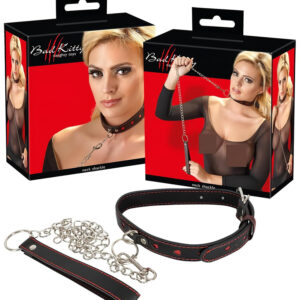 Bad Kitty - obojek se srdcem a kovové vodítko - černý