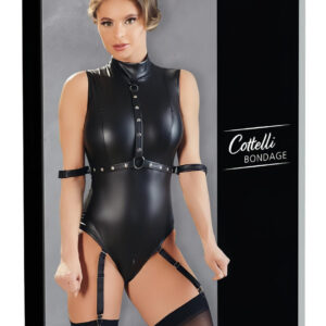 Cottelli Bondage - lesklé body bez rukávů a pouta na ruce - černá - L
