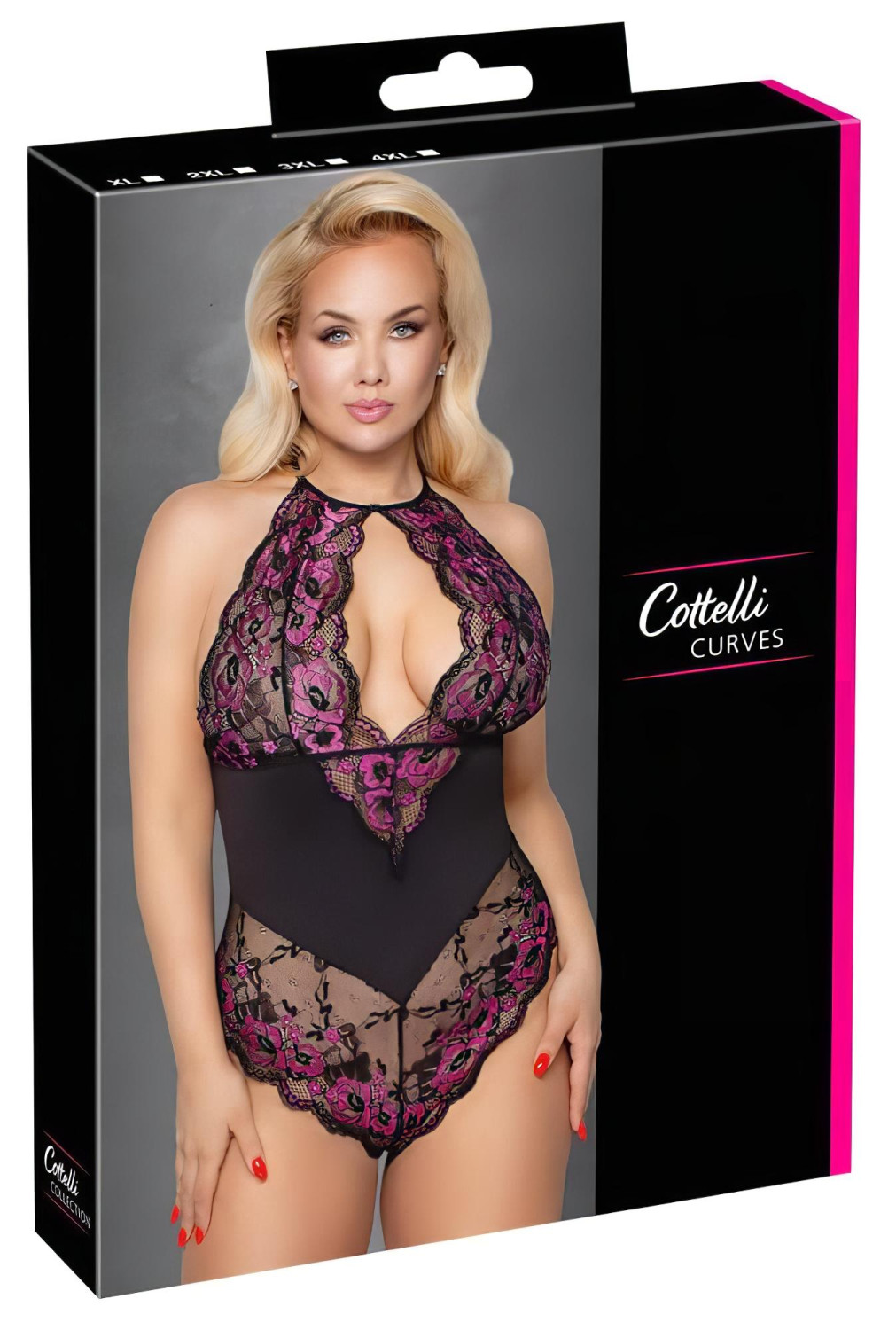 Cottelli Plus Size - krajkové body s květinovým vzorem - černá/fialová - 3XL