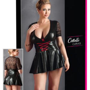 Cottelli Plus Size - lesklé šaty - červený korzet - černé - XXXXL