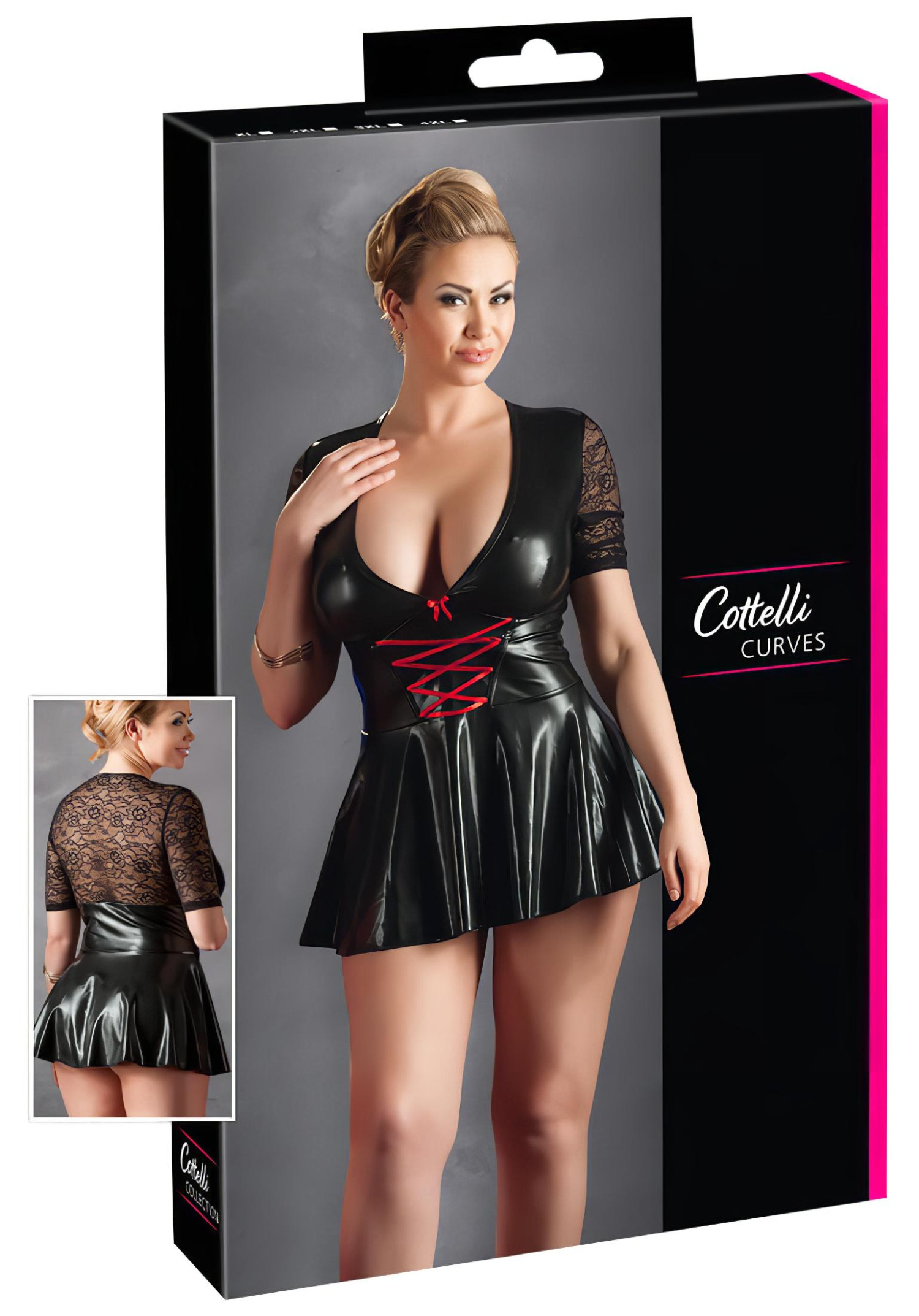 Cottelli Plus Size - lesklé šaty - červený korzet - černé