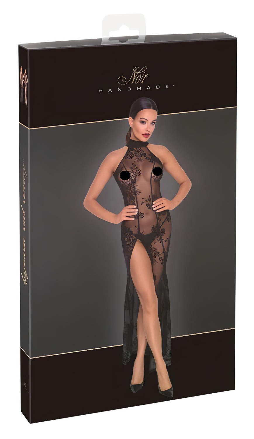 Noir - dlouhé průhledné šaty s květinovým vzorem - černé - XL