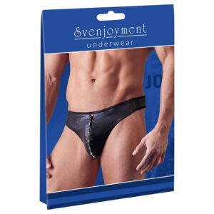 Svenjoyment - pánské lesklé tanga s kamínky a zipem - černé - 2XL