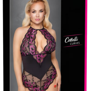 Cottelli Plus Size - krajkové body s květinovým vzorem - černá/fialová