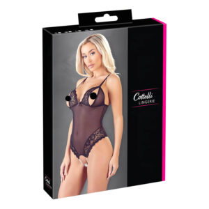 Cottelli - otevřené body s krajkou a perlami - černé - XL