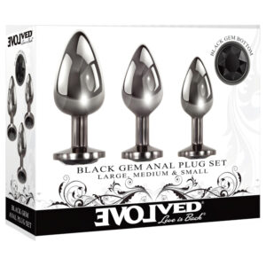 Evolved Black Gem - kovový anální kolík set - černý kámen - stříbrná