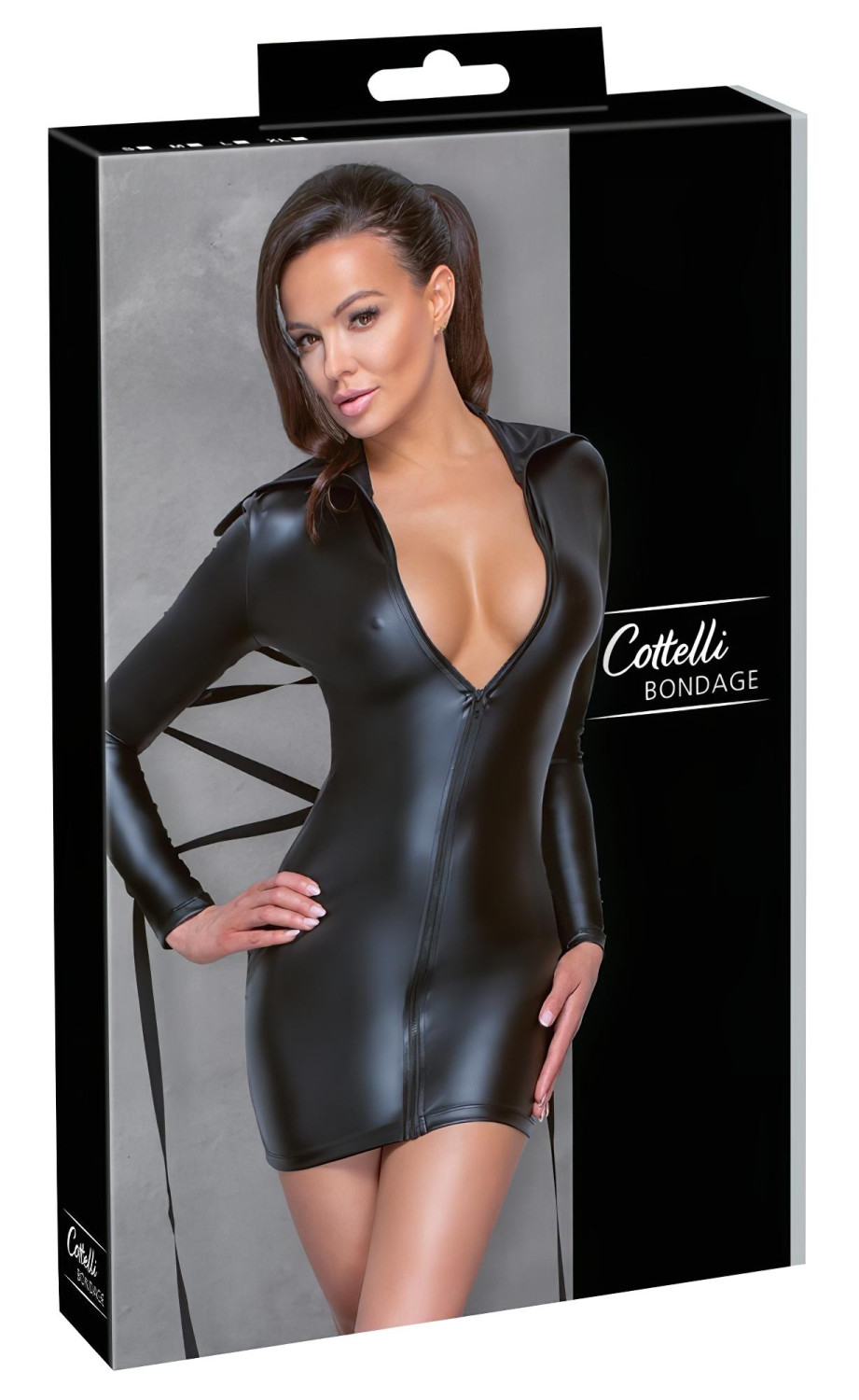 Cottelli Bondage - Lesklé šaty s pouty - černé - M