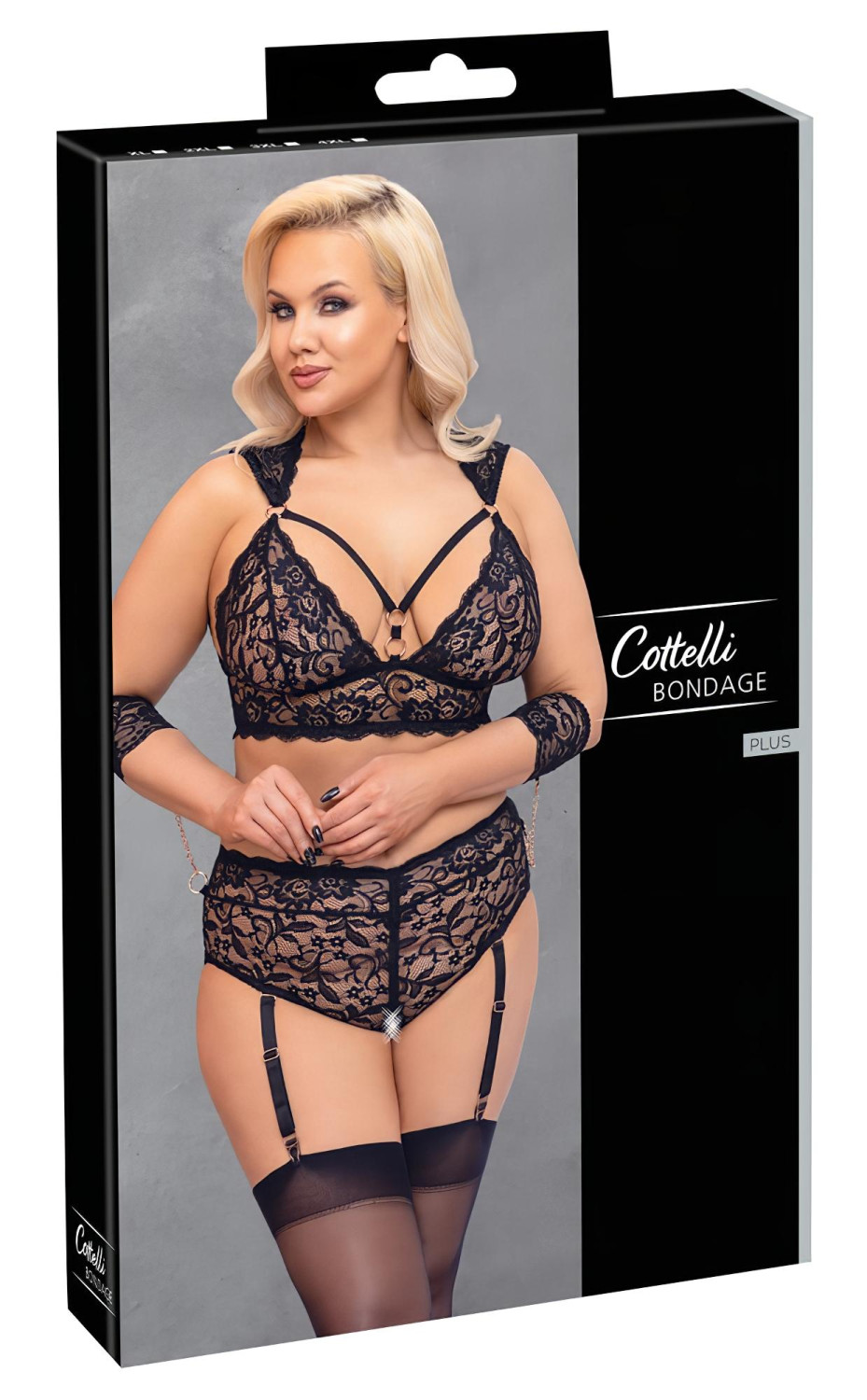 Cottelli Bondage Plus Size - krajková podprsenka sada (černá) - 3XL