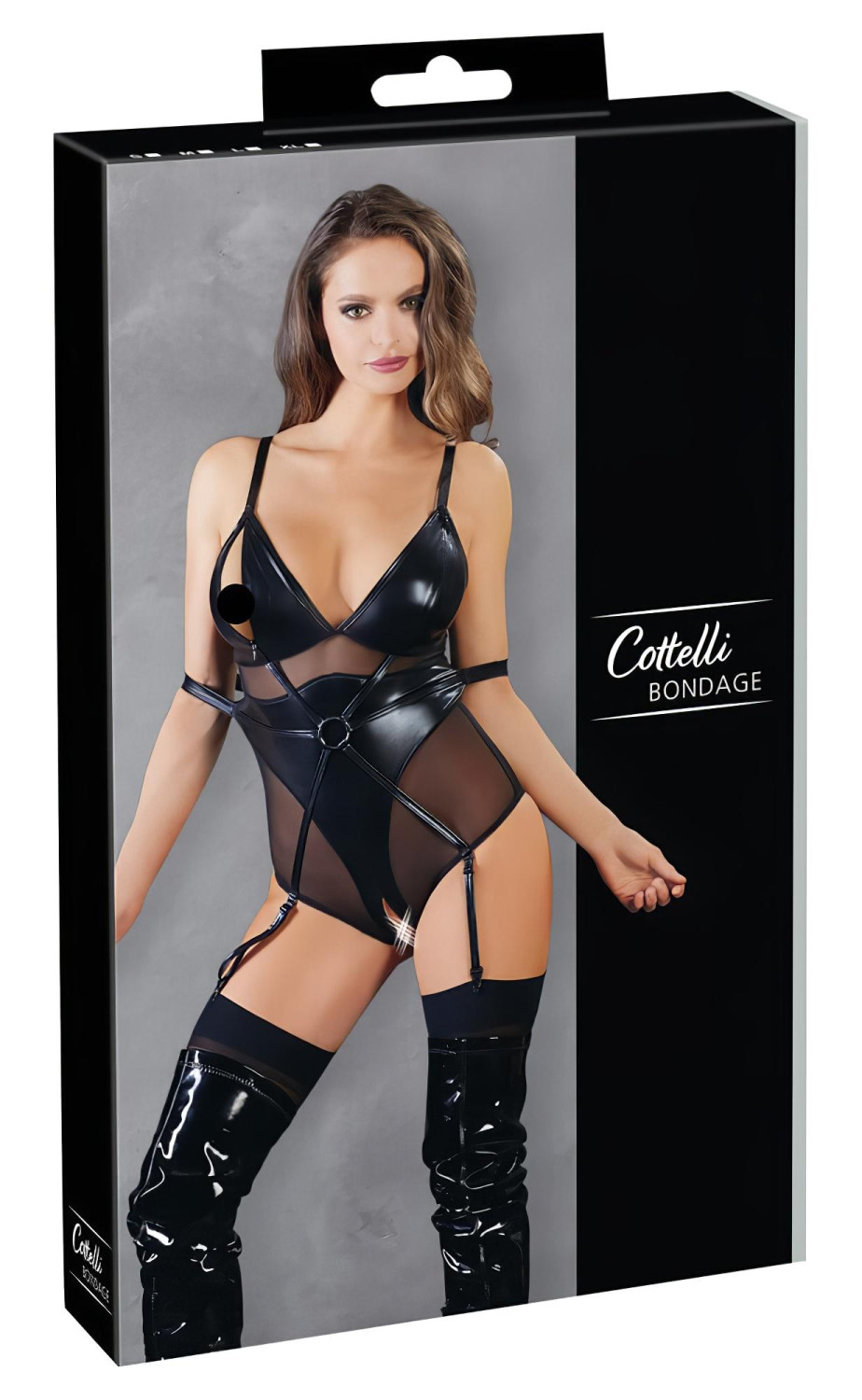 Cottelli Bondage - lesklé body s pouty - černé - XL