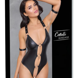 Cottelli Bondage - lesklé otevřené body s kroužky - černé - XL