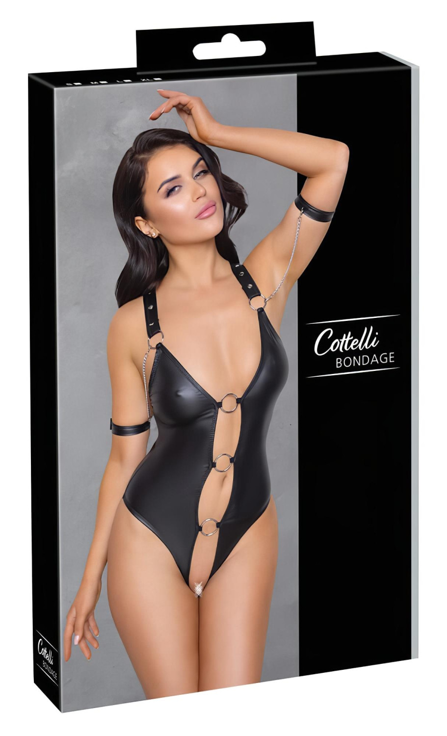 Cottelli Bondage - lesklé otevřené body s kroužky - černé - XL