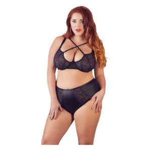 Cottelli Plus Size - křížově páskovaná podprsenka a kalhotky (černé) - 85E/L