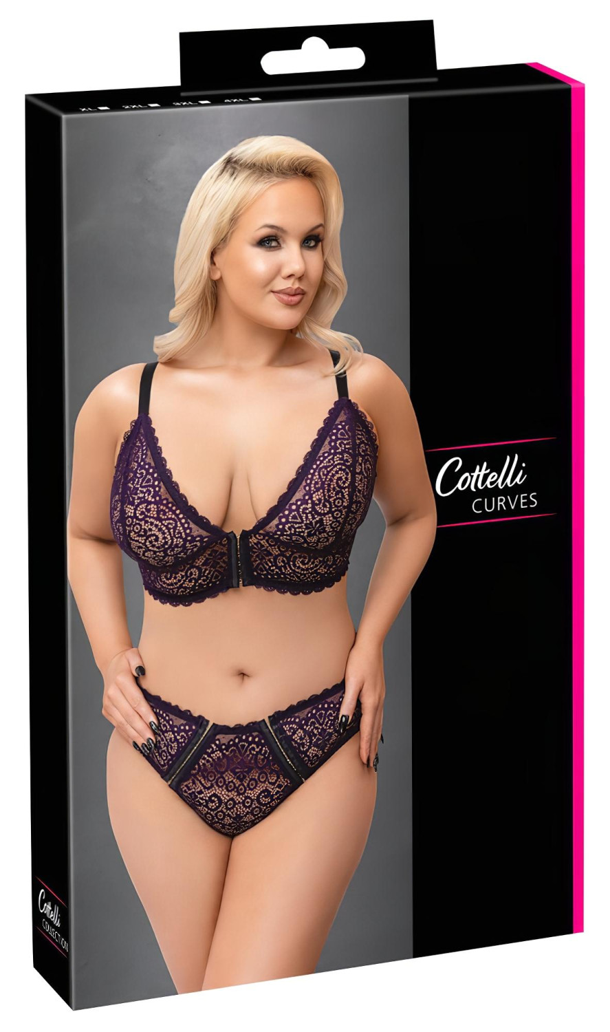 Cottelli Plus Size - průsvitný vzorovaný set podprsenky (fialový) - 2XL