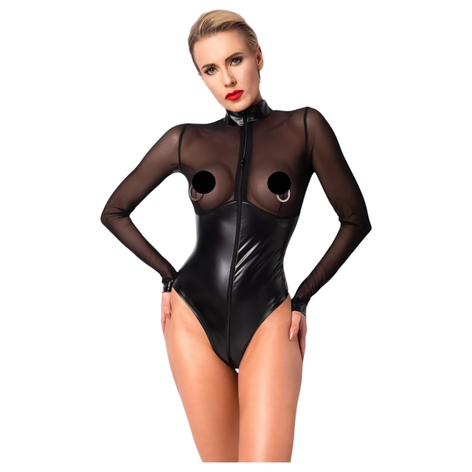 Noir - lesklé body s průhlednou vložkou - černé - M