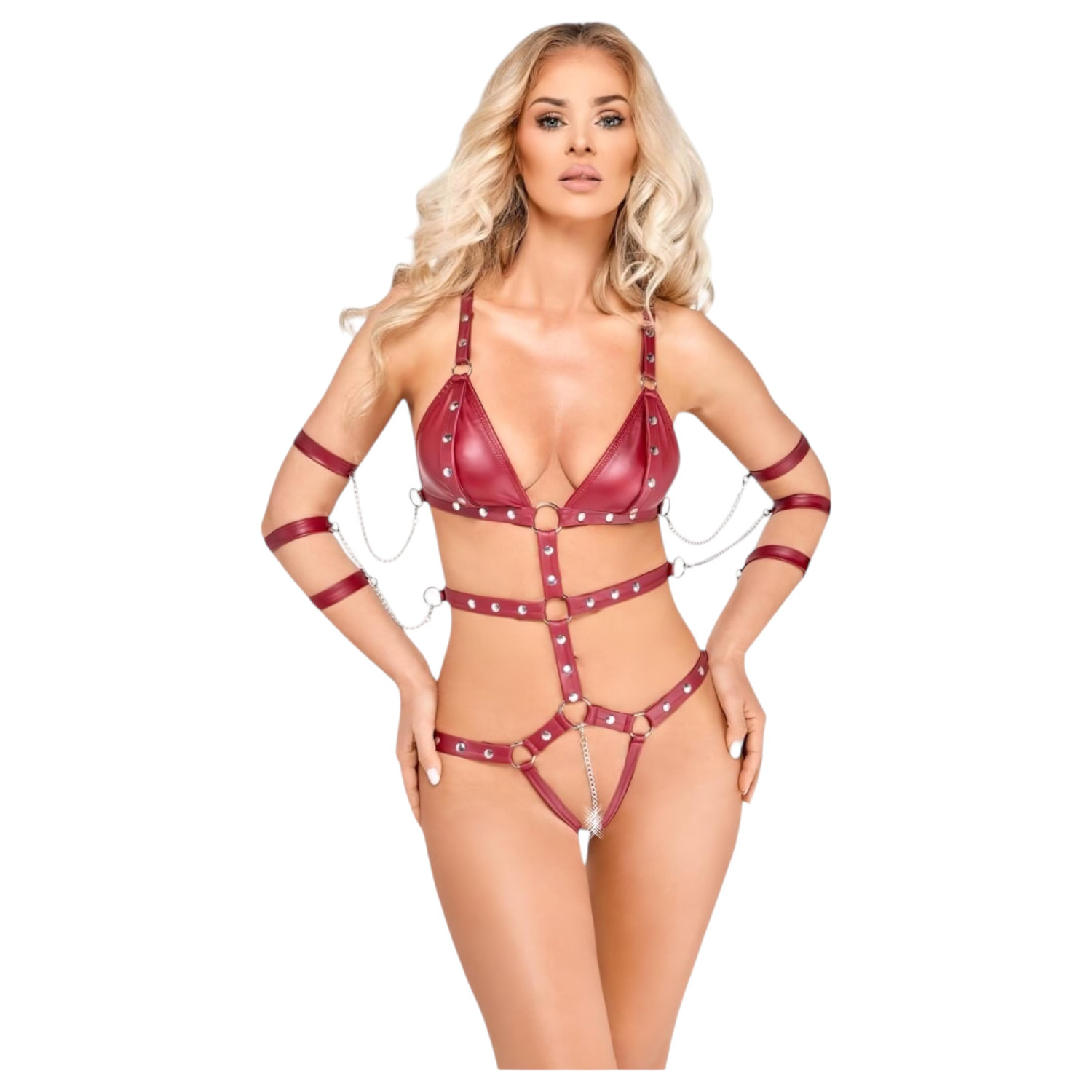 Bad Kitty - cvočkované bondage body (červené) - L