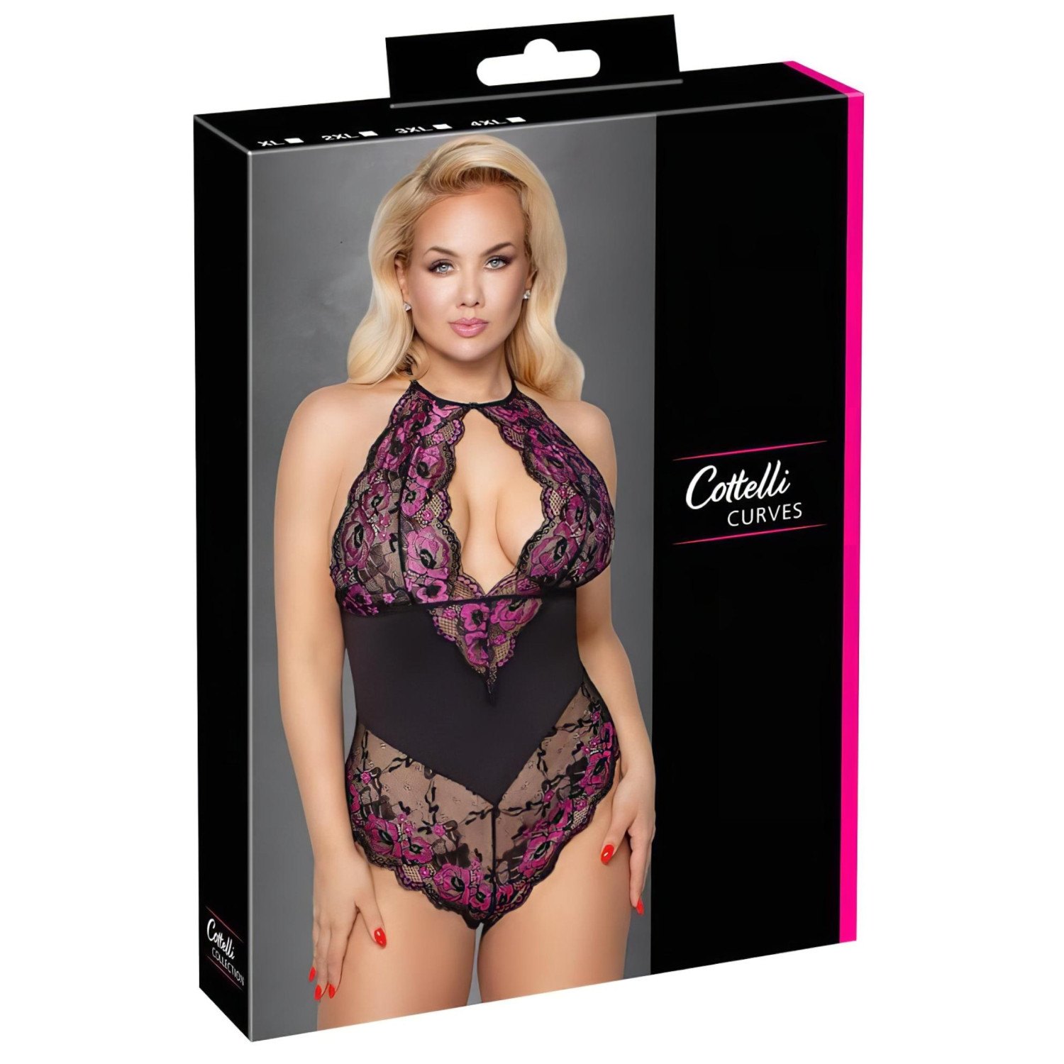 Cottelli Plus Size - krajkové body s květinovým vzorem - černá/fialová - 4XL