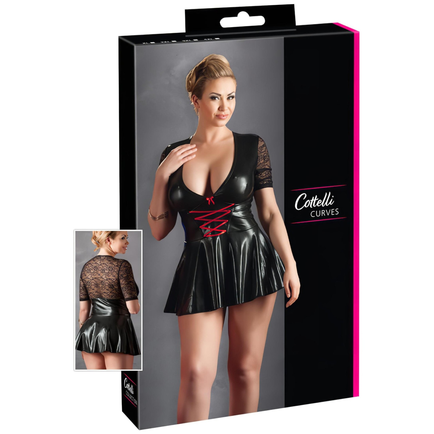Cottelli Plus Size - lesklé šaty - červený korzet - černé - XXXL