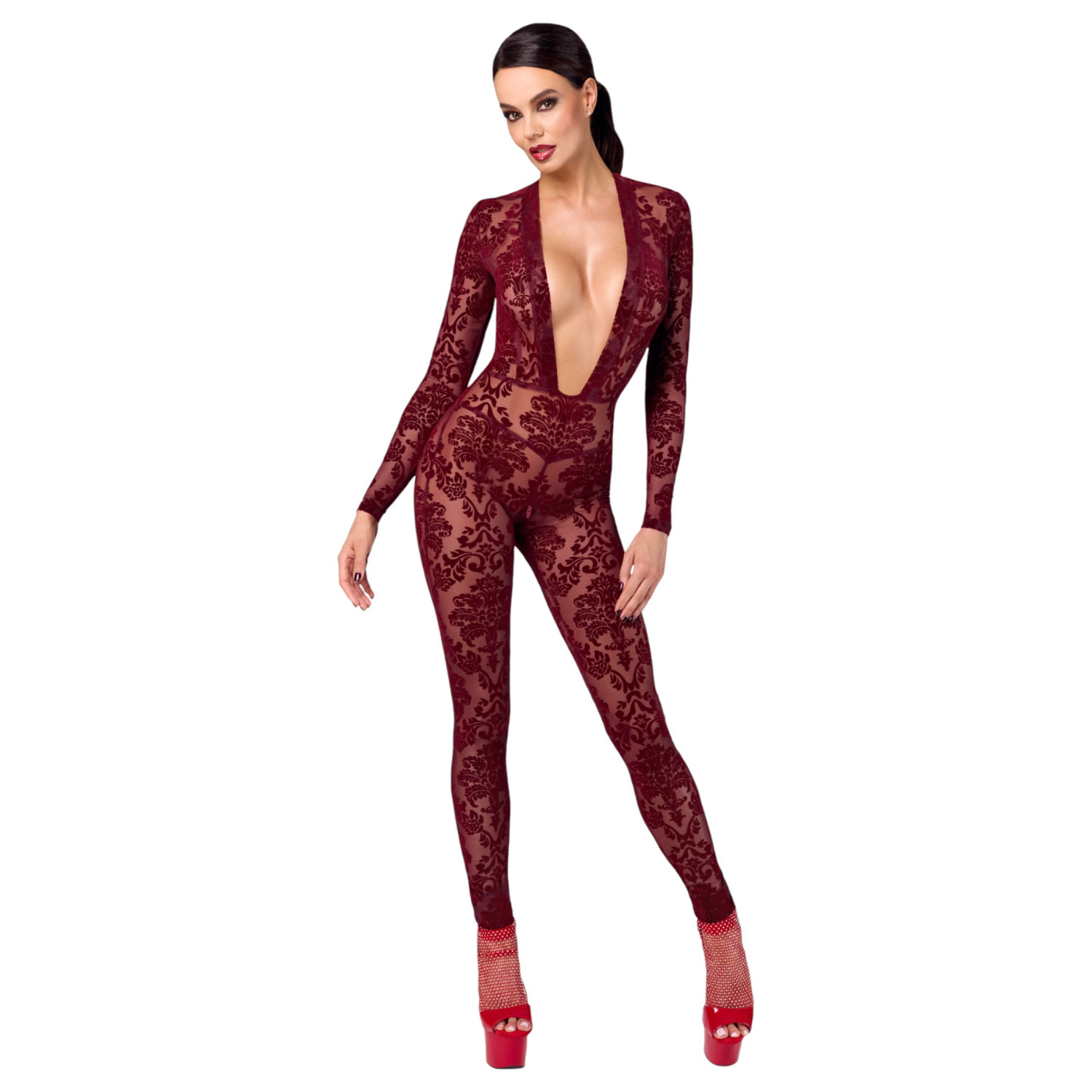 Noir Kink Royal - průsvitný catsuit - červená - M