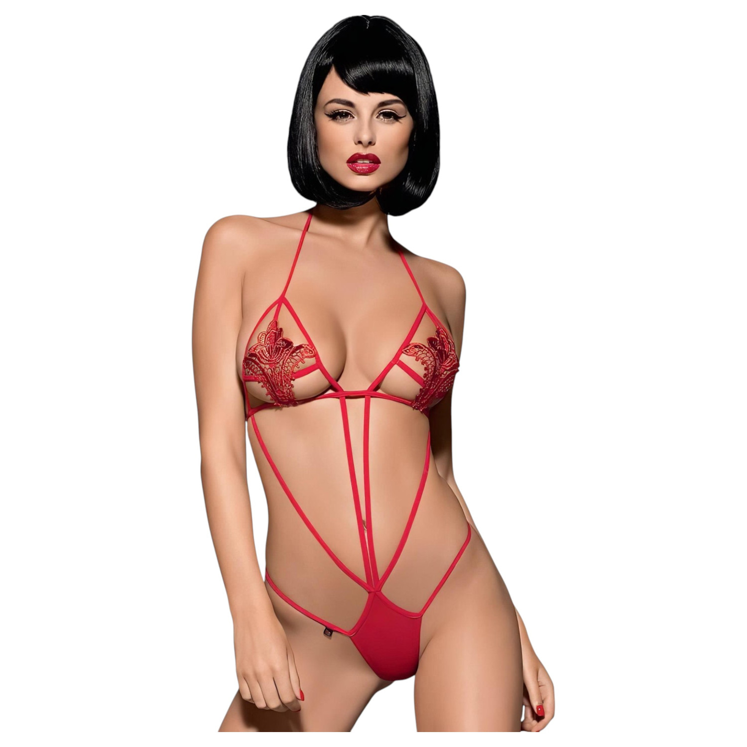 Obsessive - sexy body s pásky a tulipánovým vzorem - červené S/M