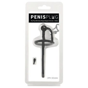 Penisplug - dilatátor na penis se silikonovým kroužkem na žalud - černý