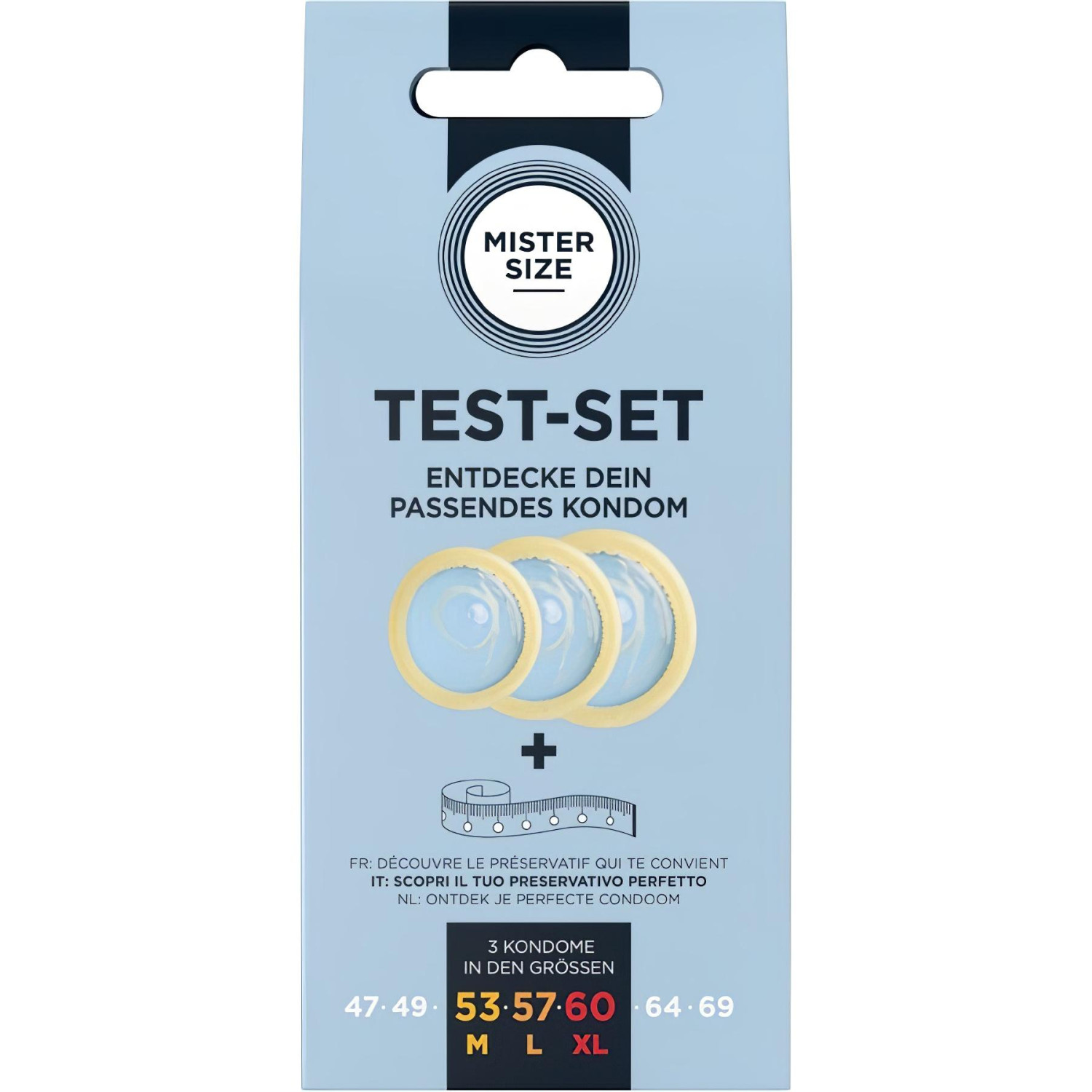 Mister Size Test-Set - zkušební sada kondomů s měřicí páskou (3 ks)