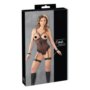 Cottelli Bondage - body s kovovými kroužky a pouty na ruce - černé
