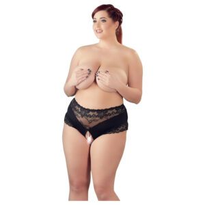 Cottelli Plus Size - otevřené kalhotky s krajkou a perlami - černé - XL