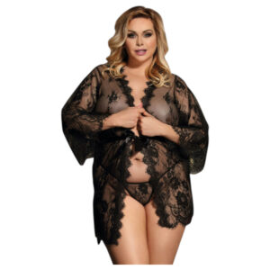 Subblime Queen Plus - černá krajková souprava županu (XL-2XL)